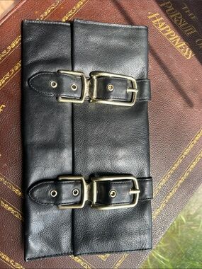 Foley + Corinna Black Leather Double Buckle Clutch